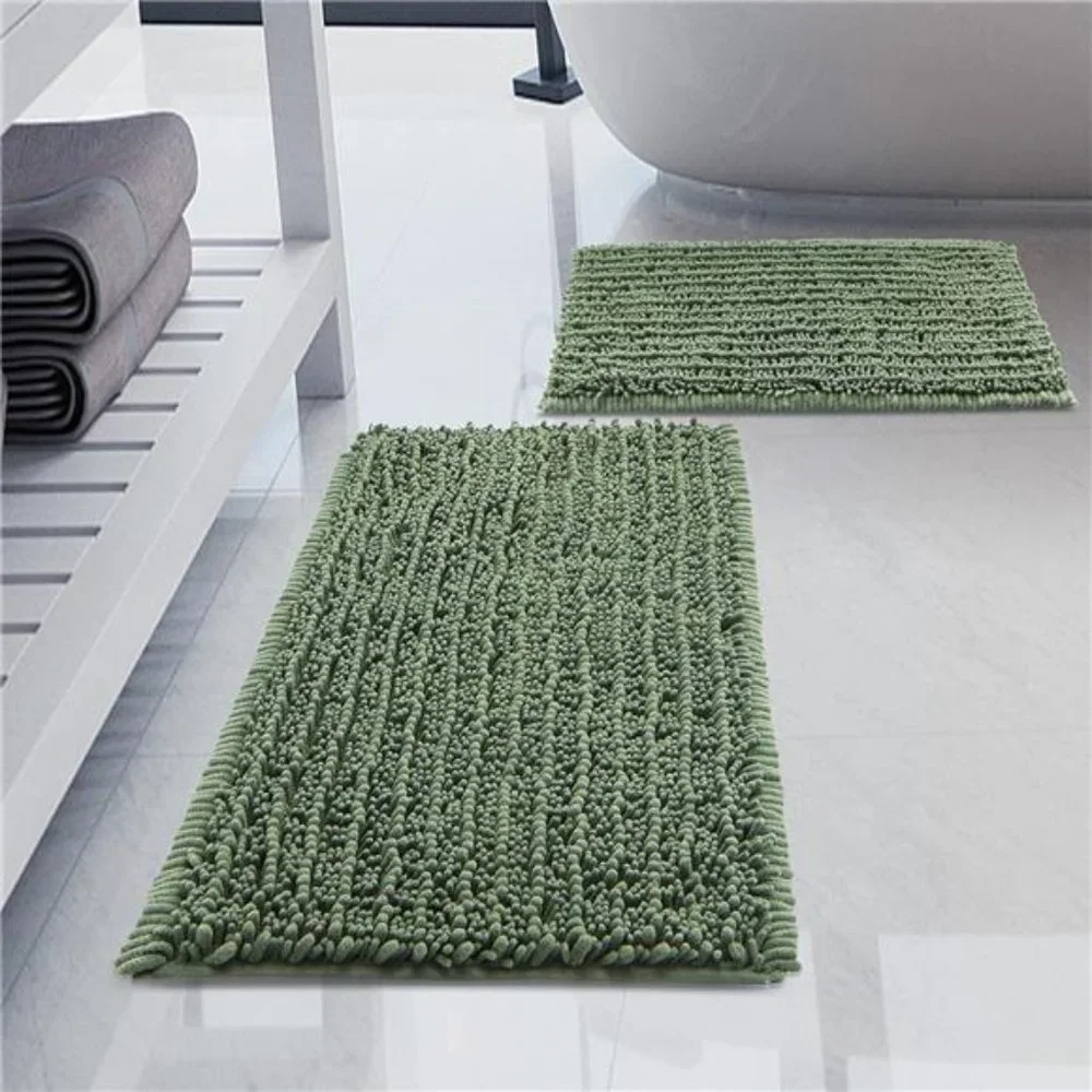 Luxury Chenille Sage Green Bathroom Rugs Sets 2 Piece, Thickened Hot Melt Rubber